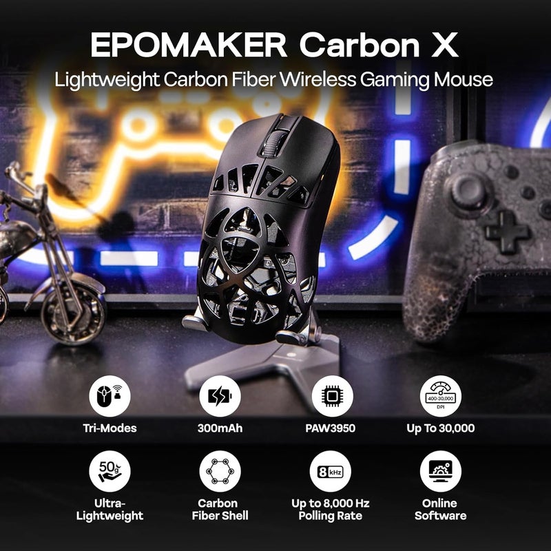 EPOMAKER Carbon X Wireless Gaming Mouse, 400 to 30,000 DPI Adjustable, PAW3950 Sensor, 50g Lightweight, Carbon Fiber Shell, 2.4G/BT/USB-C Rechargeable Wireless Mouse for PC/Mac/Linux (Black) - Image 2